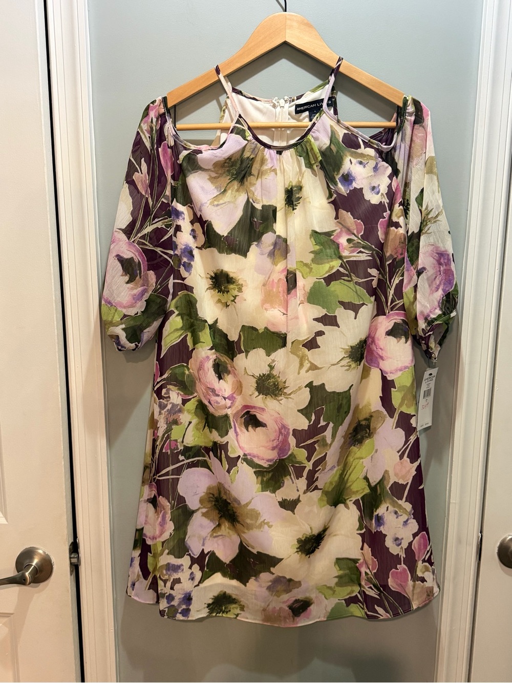 Cold Shoulder Floral Shift Dress in Purple and Green